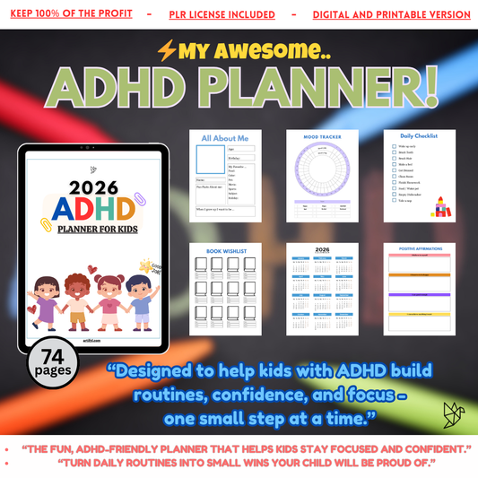 ADHD Planner 2026 for Kids – The Ultimate All-in-One Routine & Focus Tool+ PLR License